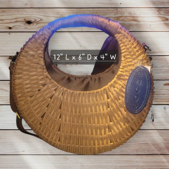 SCOOP Wicker Crescent Crossbody Straw Purse Handbag Basket - Brown Scarf Accent - Picture 2 of 6